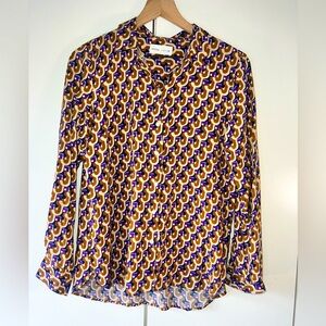 LEFTIES groovy print button down shirt and mustard, purple and navy, size small